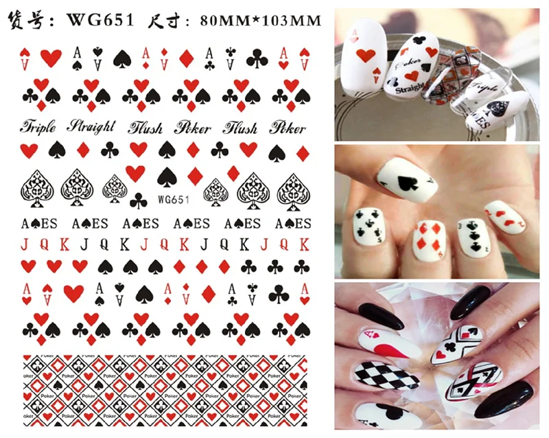 3D Poker Design Nail Art Stickers Playing Cards Nail Adhesive Decorations Spades Red Hearts Nail Decals Cute Nail Designs