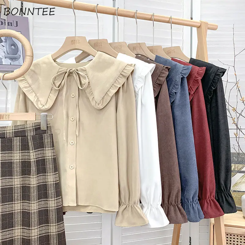 Corduroy Sweet Shirts Women Trendy Peter Pan Collar Casual Students Kawaii Ruffles Autumn Clothing Young Niche Soft New Elegant