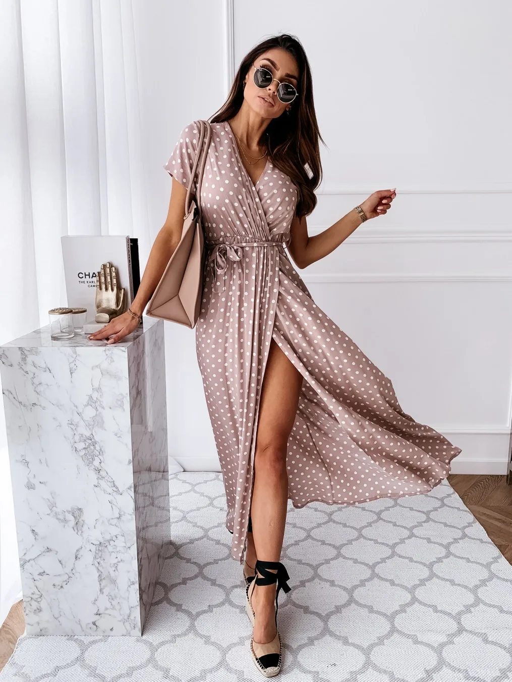 Womens Summer Fashion Maxi Dress Short Sleeve V-Neck Ladies Polka Dot Dress Split For Female Boho Beach Holiday Dress
