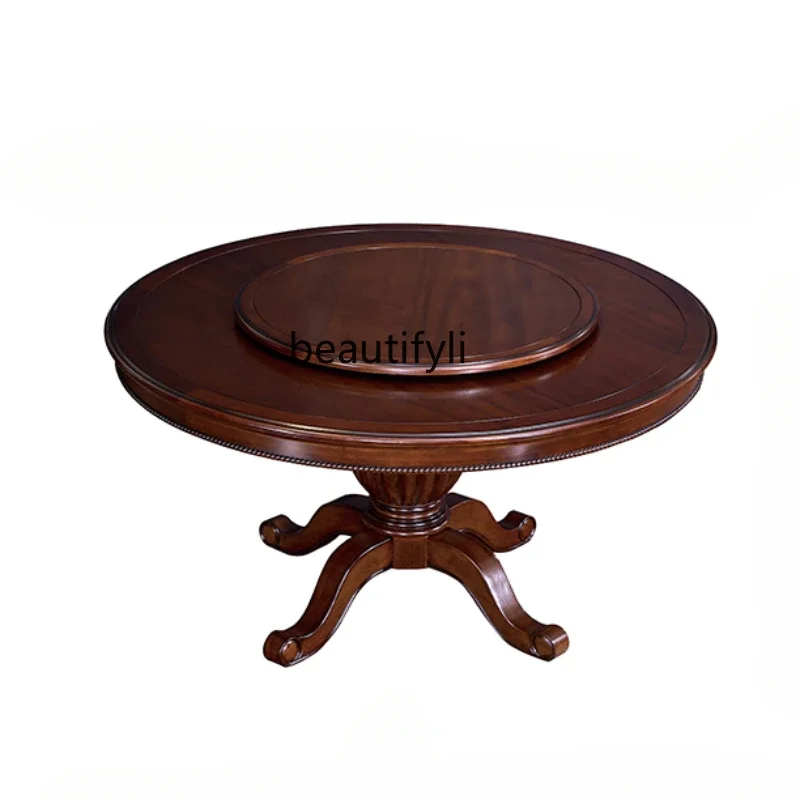 V American-Style Solid Wood Dining Table round Retro Style Dining Room Furniture Carved Dining Table