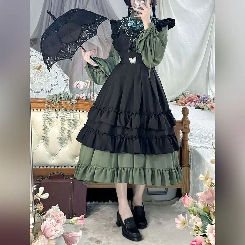MAGOGO Chinese Style Mori Girl Lolita Sets Ruffle Long Sleeve Dress Floral Collar Black JSK Women Retro Gothic Party Dresses