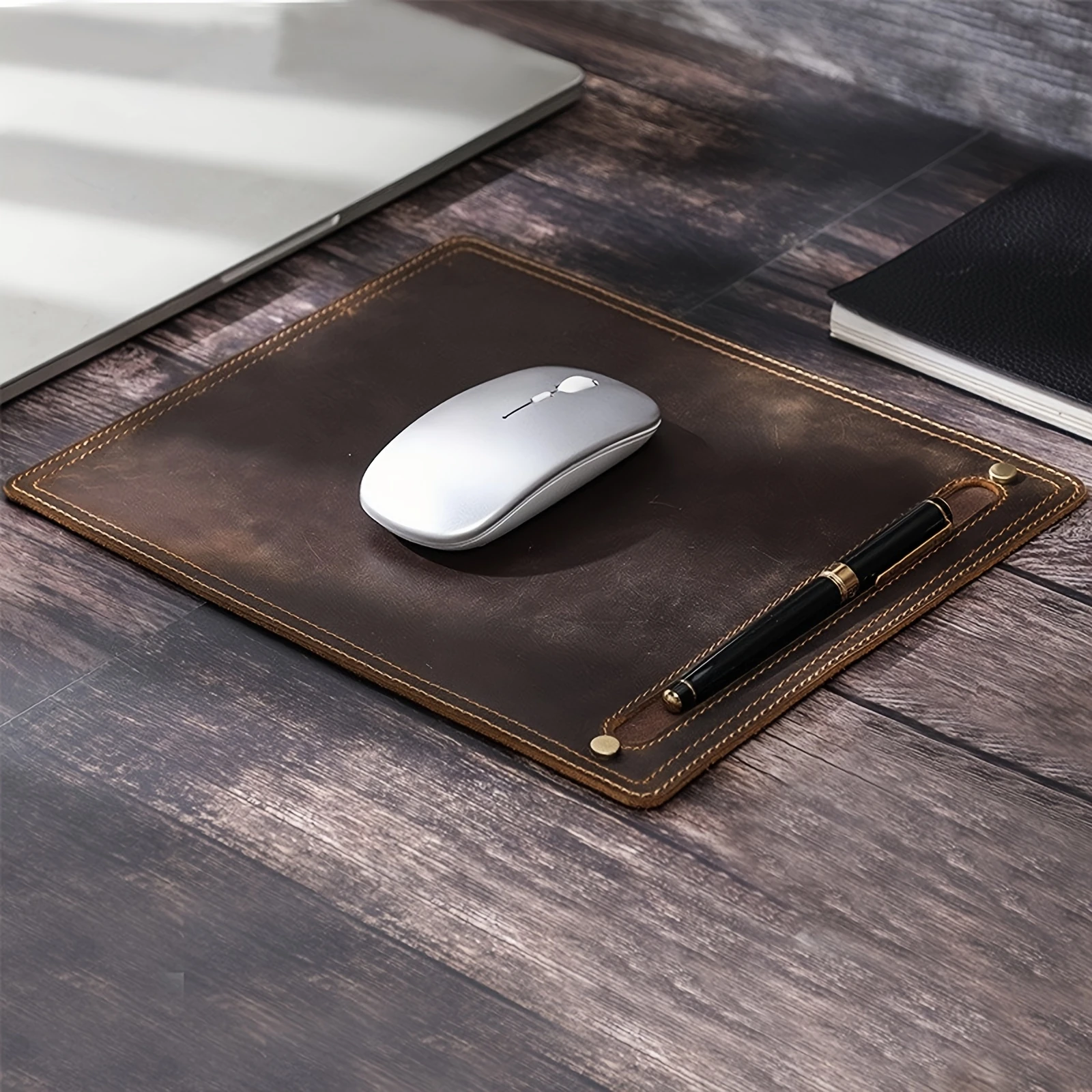 Genuine Cowhide Mouse Pad 27.94x22.86cm, Non-Slip Leather Desk Mat with Pen Slot for Office and Study
