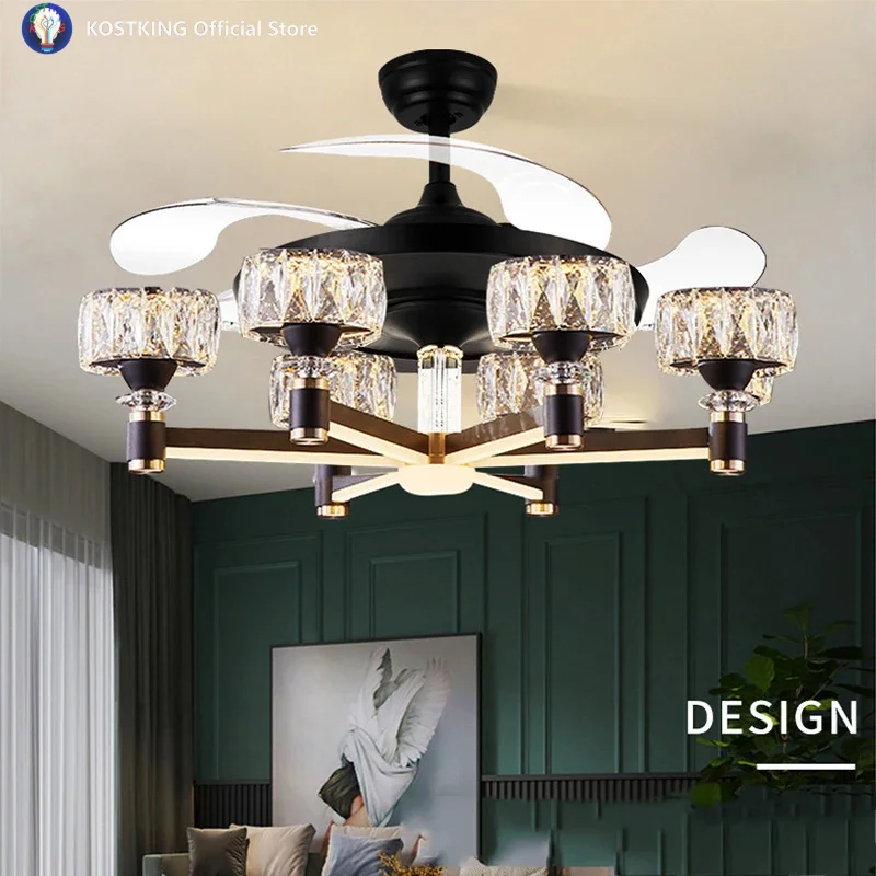 

Nordic Invisible Fan Lamp European Entry Lux Living Room Crystal Chandelier Frequency Conversion Bedroom Dining Room