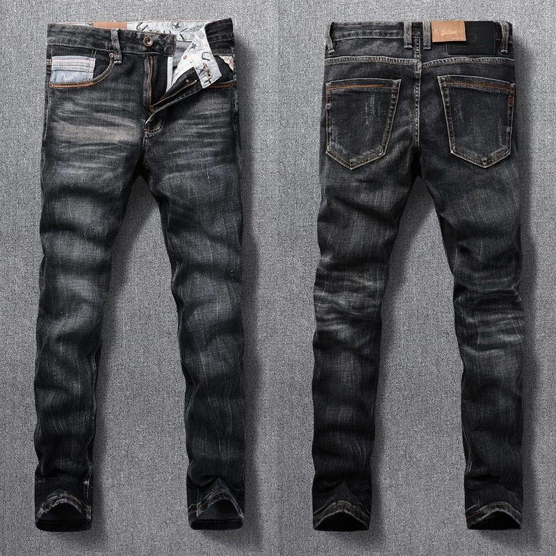 

Italian Style Fashion Men Jeans High Quality Retro Black Gray Stretch Slim Fit Ripped Jeans Men Vintage Designer Denim Pants