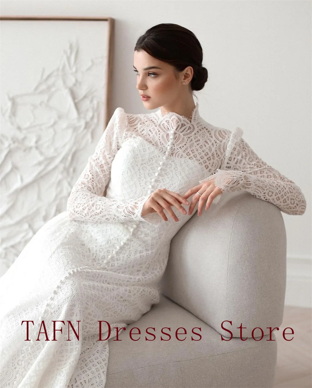 TAFN Modest Wedding Dresses Lace High Collar Full Sleeves Bridal Gown Button A-line Sweep Train Bride Weding Party Gowns