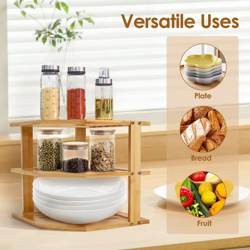 Durable Bamboo Corner Rack with Three Tiers for Kitchen Storage and Dish Display