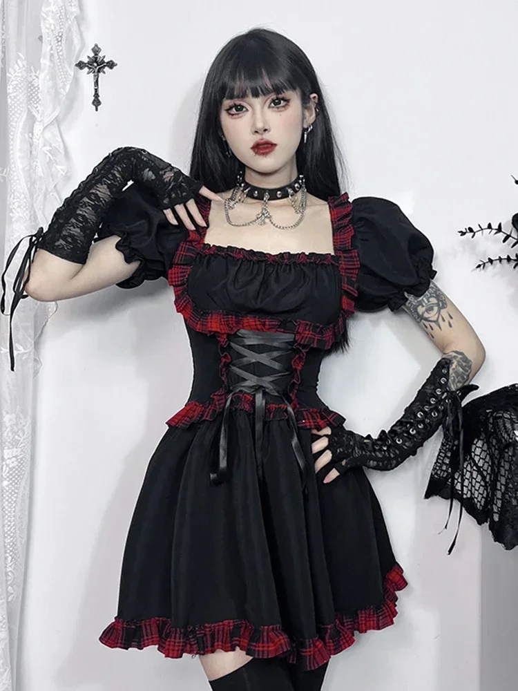 

Lolita AltGoth Cute Sweet Gothic Dress Women Streetwear Harajuku Dark Punk Cosplay Red Plaid Hem High Waist Bandage Corset Dress