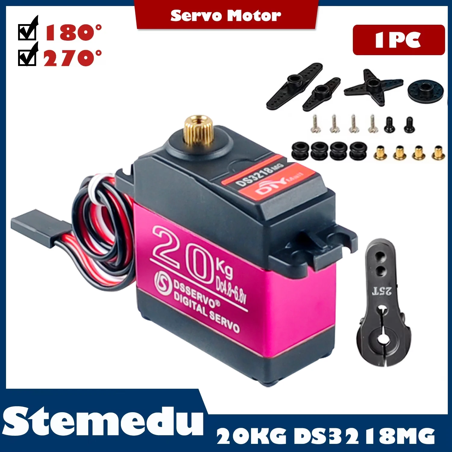 Servo digital Dsservo DS3218 de 20 kg con engranajes metálicos, servo robot Dsservo con brazo de 25T para coches RC Baja Crawler a escala 1/8 y 1/10, 180/270 grados