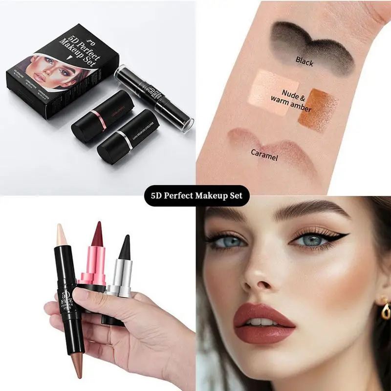 3pcs ลิปสติกและชุดซับ Nude สีดําสีแดง Velvets ลิปสติก Matte Nude Lip Liner ดินสอสีแดงลิปสติก Lip Contouring Lipliner
