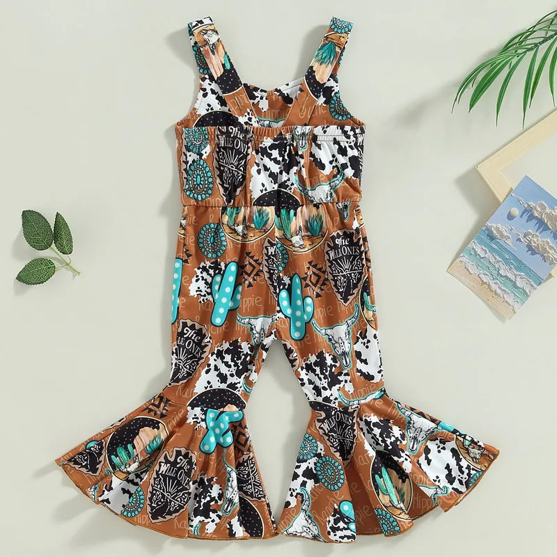 

Kids Girl Suspender Jumpsuit Bullhead Cactus Print Summer Sleeveless Flared Rompers Pants for Toddler Baby