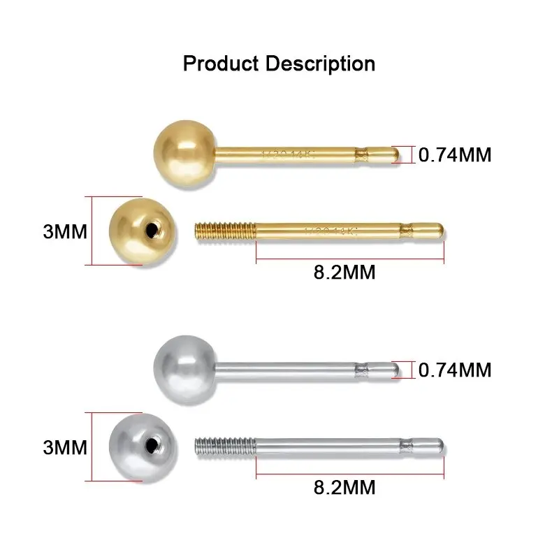 Threaded Ball Earring 14K Gold Filled Stud Earring Ear Post Ear Stud Wholesale Bulk DIY Hypoallergenic Jewelry Accessory
