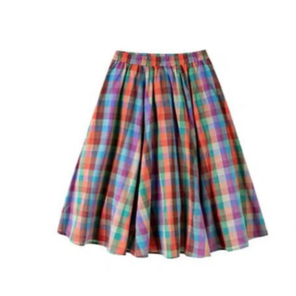 

Teenager Kids Long Skirt Cotton Rainbow Plaid Skirt for Girls Spring Summer Casual Daily Simple Versatile Skirt 6 8 10 12 Years