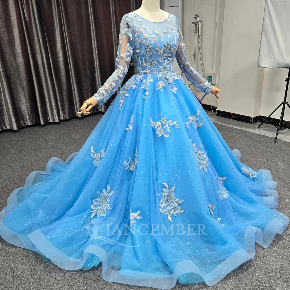 فستان الأميرة Quinceanera الأزرق زهرة طويلة الأكمام بلورات الخرز vestidos de 15 quinceañera فستان حفلة عيد ميلاد مخصص