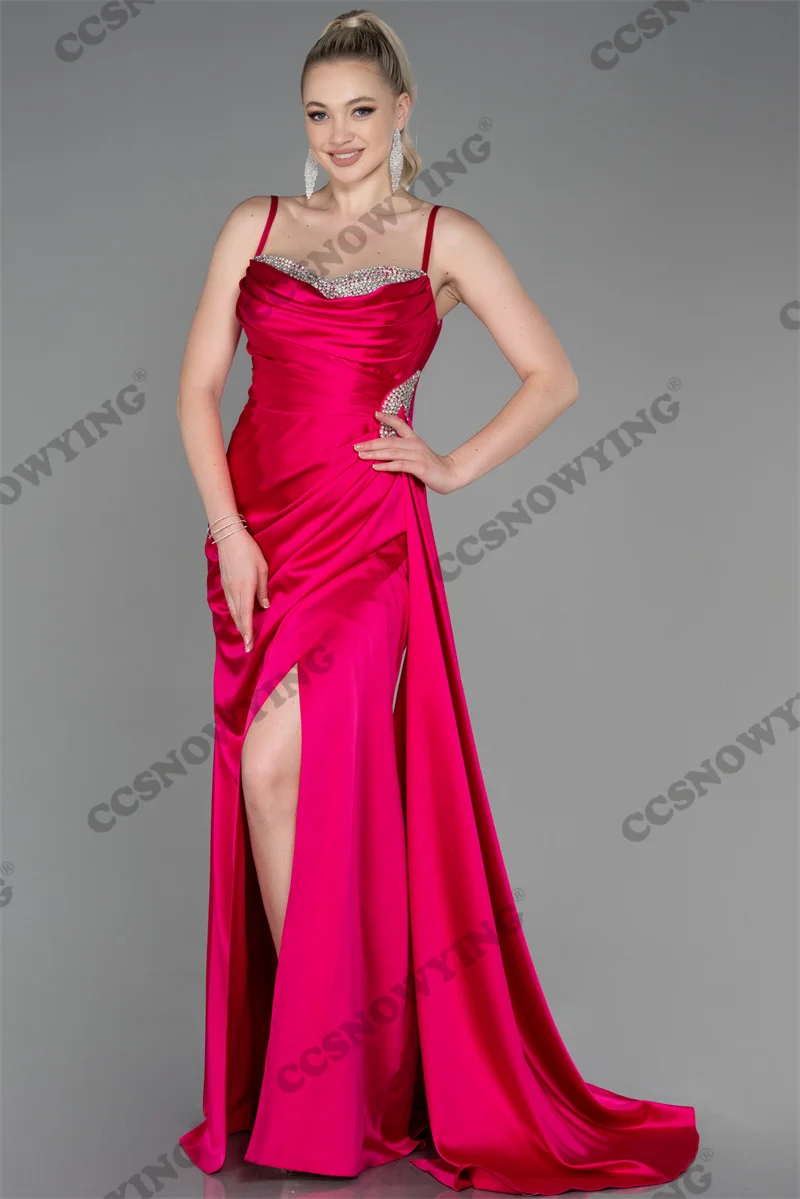 Vestido De graduación De sirena con cuentas De satén para mujer, vestido De fiesta De noche Formal con tirantes finos, vestido De fiesta con abertura lateral, caftán