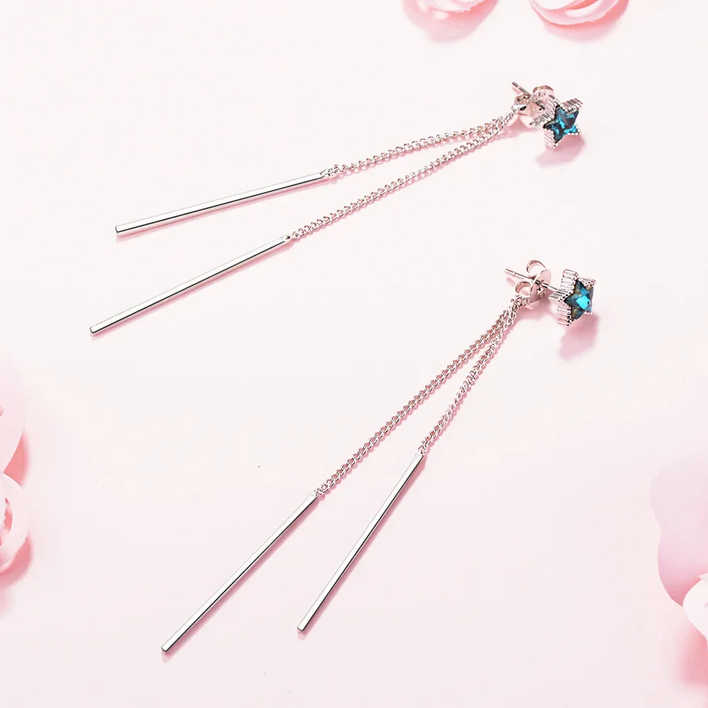 Real 925 prata esterlina longa corrente borla estrela brincos para moda feminina festa bonito jóias finas 2024 acessórios