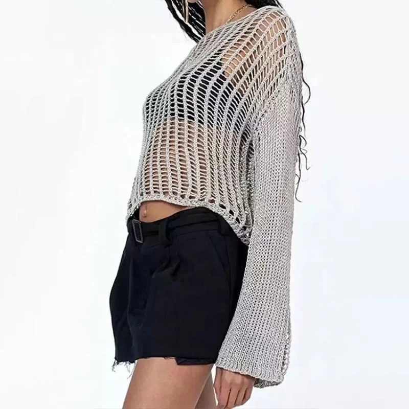 2024 Spring/Summer Knitted Shirt Women's Hooked Cover Up Off Shoulder Hollow Women's Knitted Knitted Shirt SFC8-3