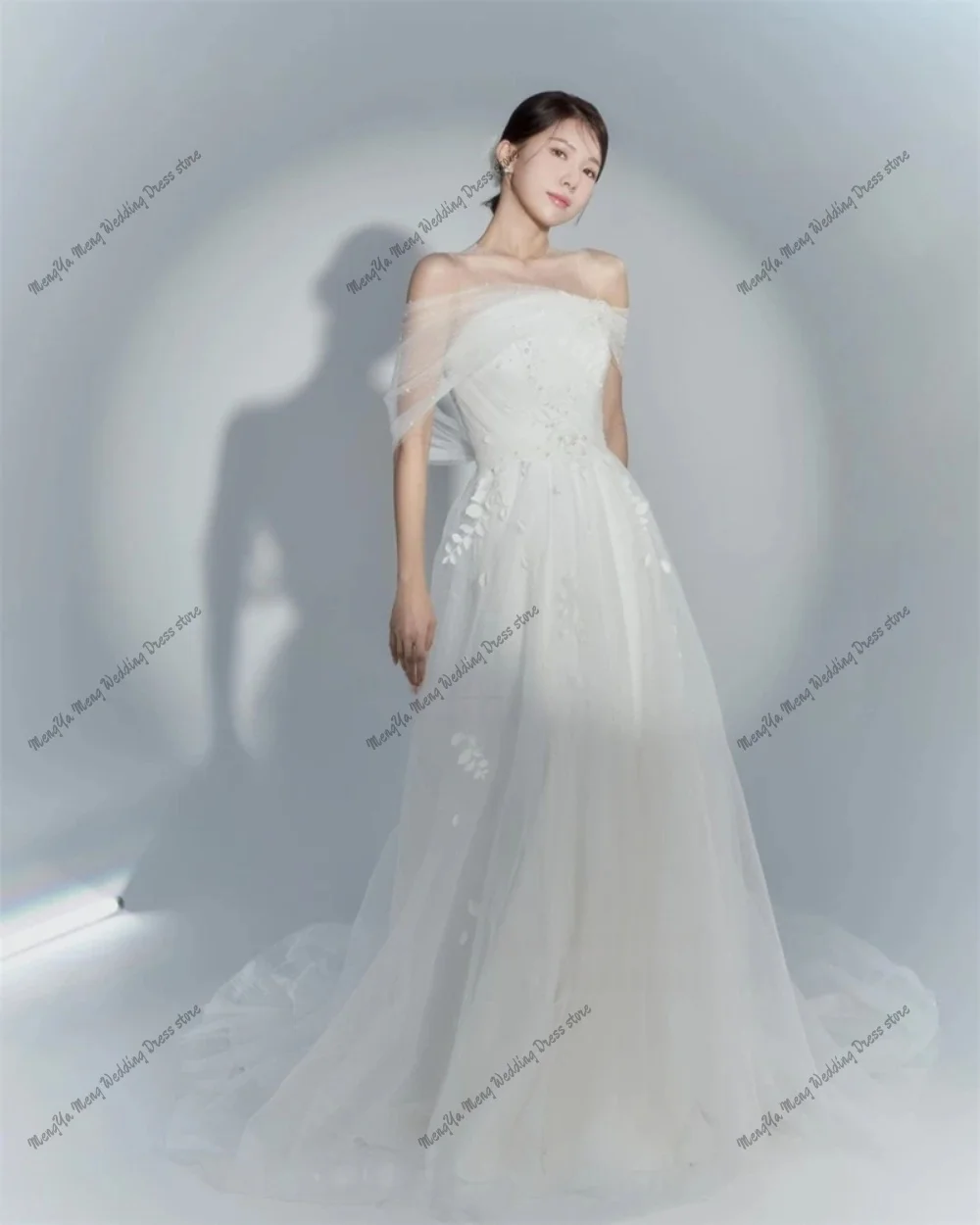 2025 Simple Off Shoulder Tulle Korea Wedding Dress Photo Shoot A Line Bridal Gown Tulle Lace Applique Beading 웨딩드레스  Custom
