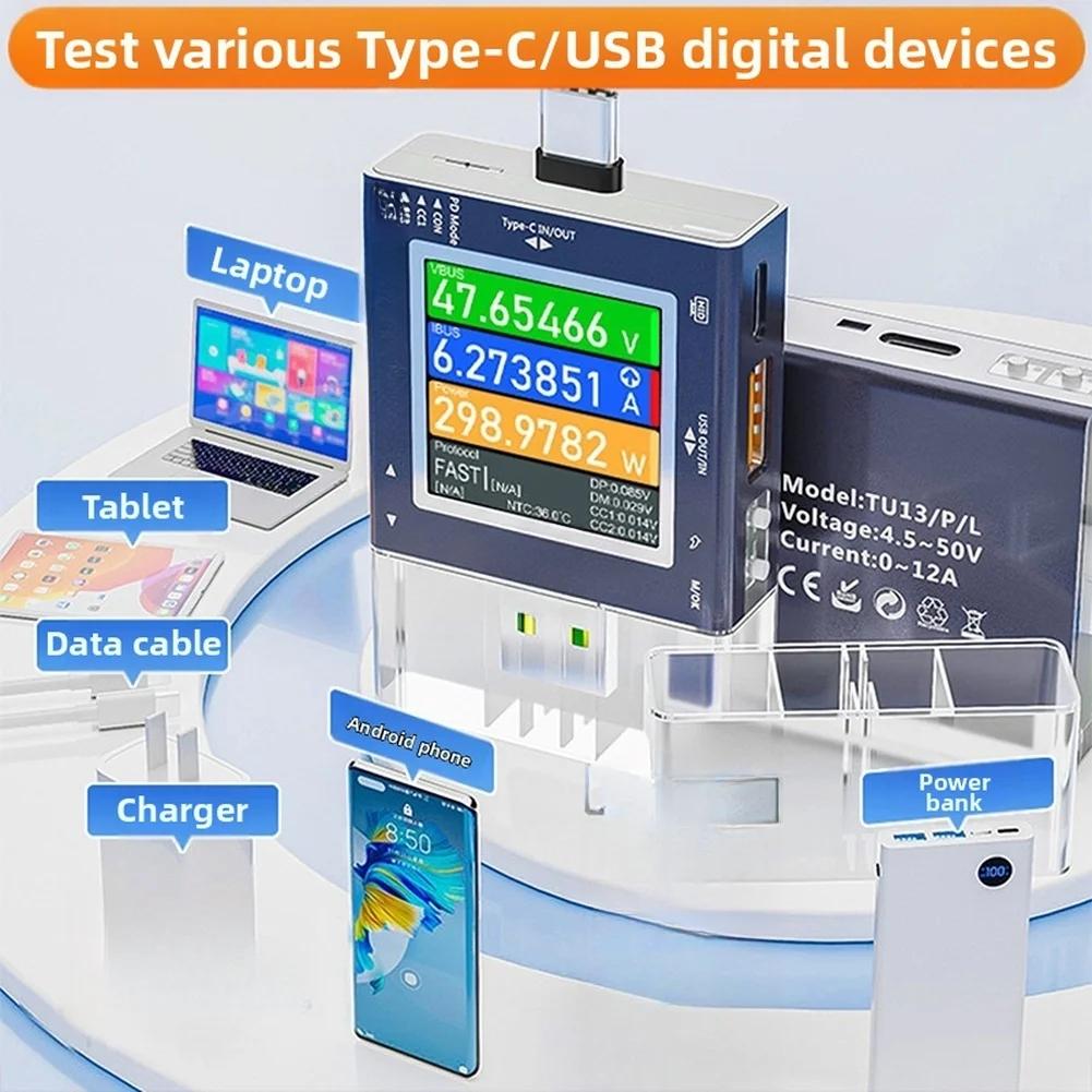 TU13 Digital Display USB Power Meter Tester for Voltage Current and Power Measurement 4.5V-54V 12A QC PD AFC Detection