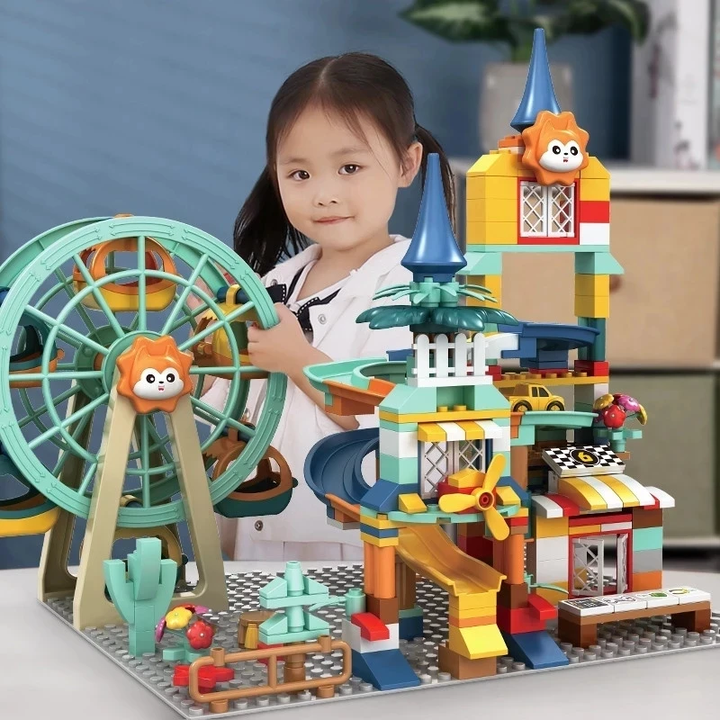 

DIY Bricks Track Architecture Castle Ferris Wheel Park Building Block Duploed Classic Slide Amusement Plastic Toys Kids Gifts