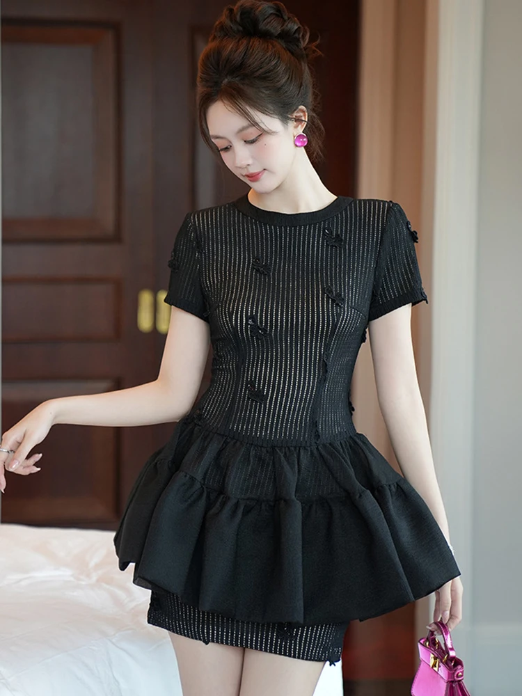 Women Clothes Sweet Solid Floral O-Neck Ruffles Skinny Mini Short Dress Lady Fashion Party Prom Birthday Vestidos Casual Summer