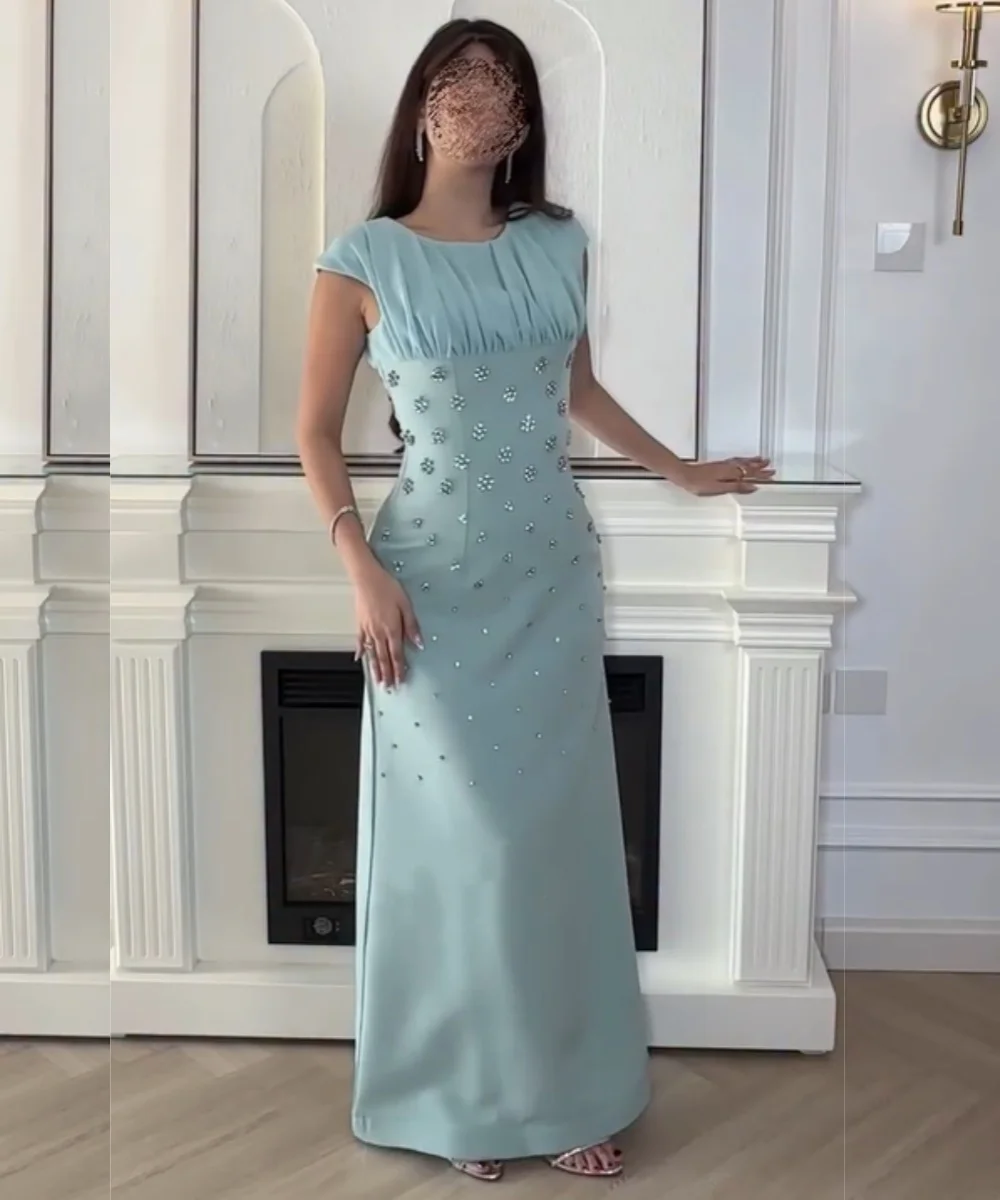 

Customized Fashion Jersey Sequined Pleat A-line O-Neck Long Bespoke Occasion Luxury Party Dresses Modern Style