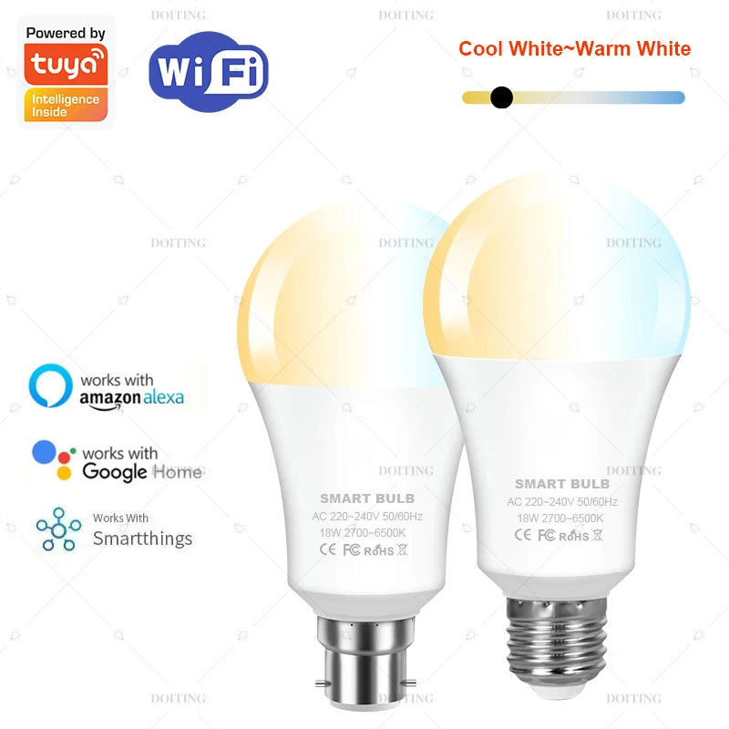 Tuya LED Bulb WIFI Smart Life APP Timing Brightness Temperature Adjustment Alexa Google Home 220V E27 B22 18W Lamp Voice Control