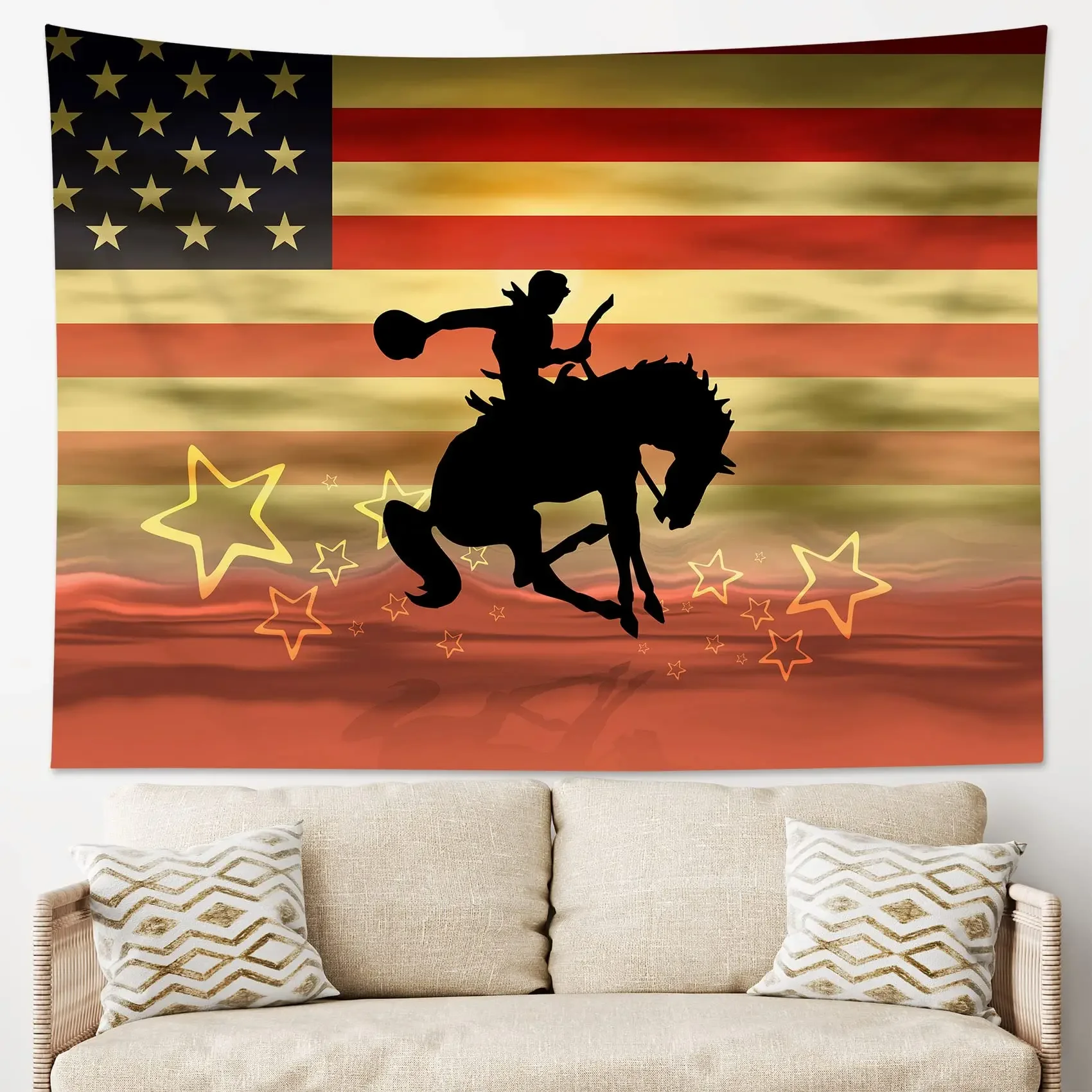 VIKAMA American Western Cowboy Sunset Tapisserie Flagge Elemente Kunst Wohnzimmer Sofa Hintergrund Wanddekoration