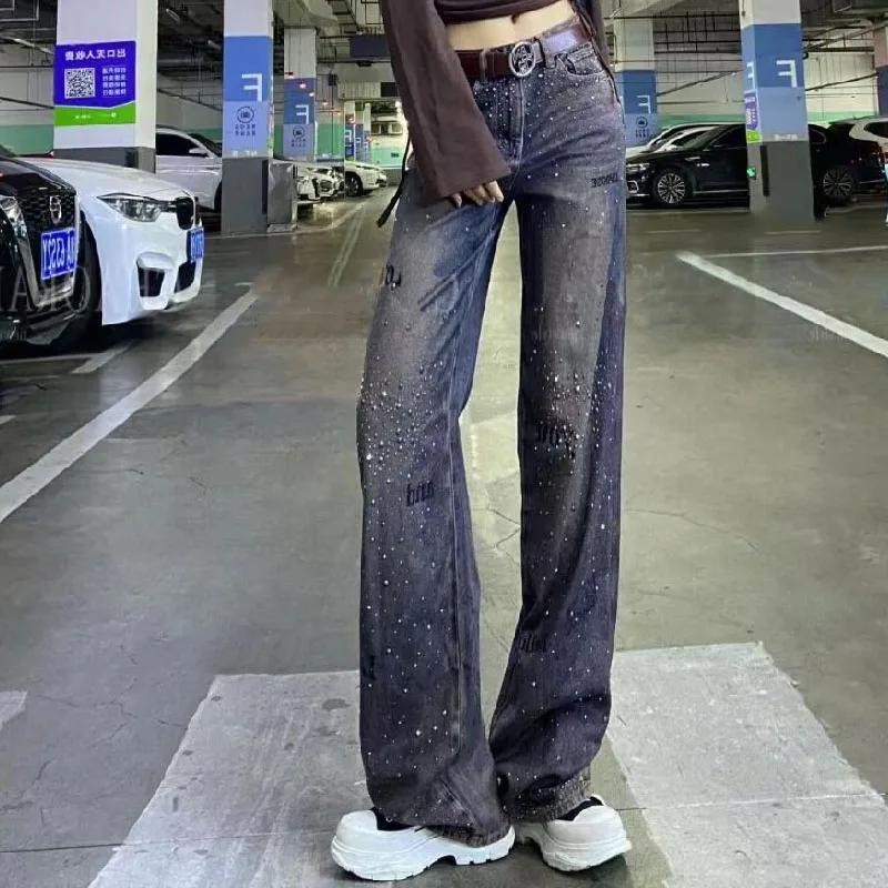 Hot drilling High Waist Loose Wide Leg Jeans Women High Waist Casual All-Match Denim Pants s508