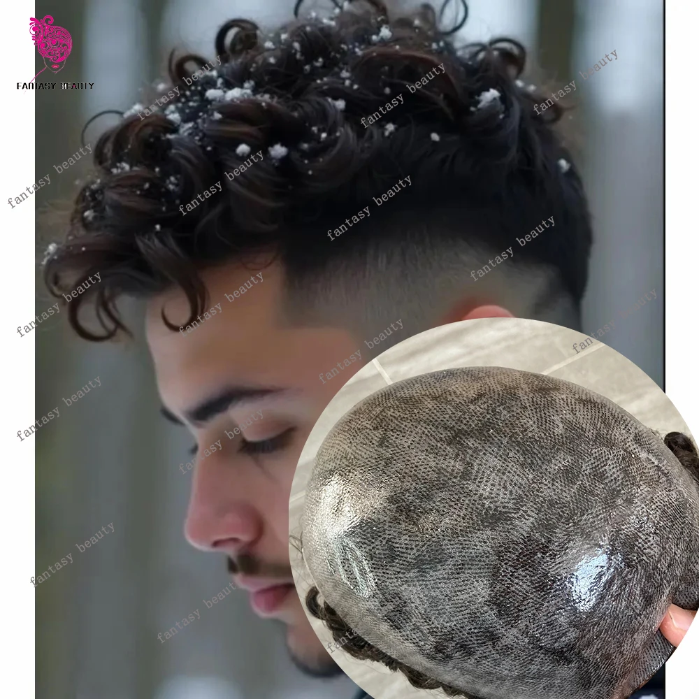 

Super Durable Managable Full PU Poly Men's Toupee 25mm Curly Natural Hairline #1b Black Brown Grey Human Hair System Prosthesis