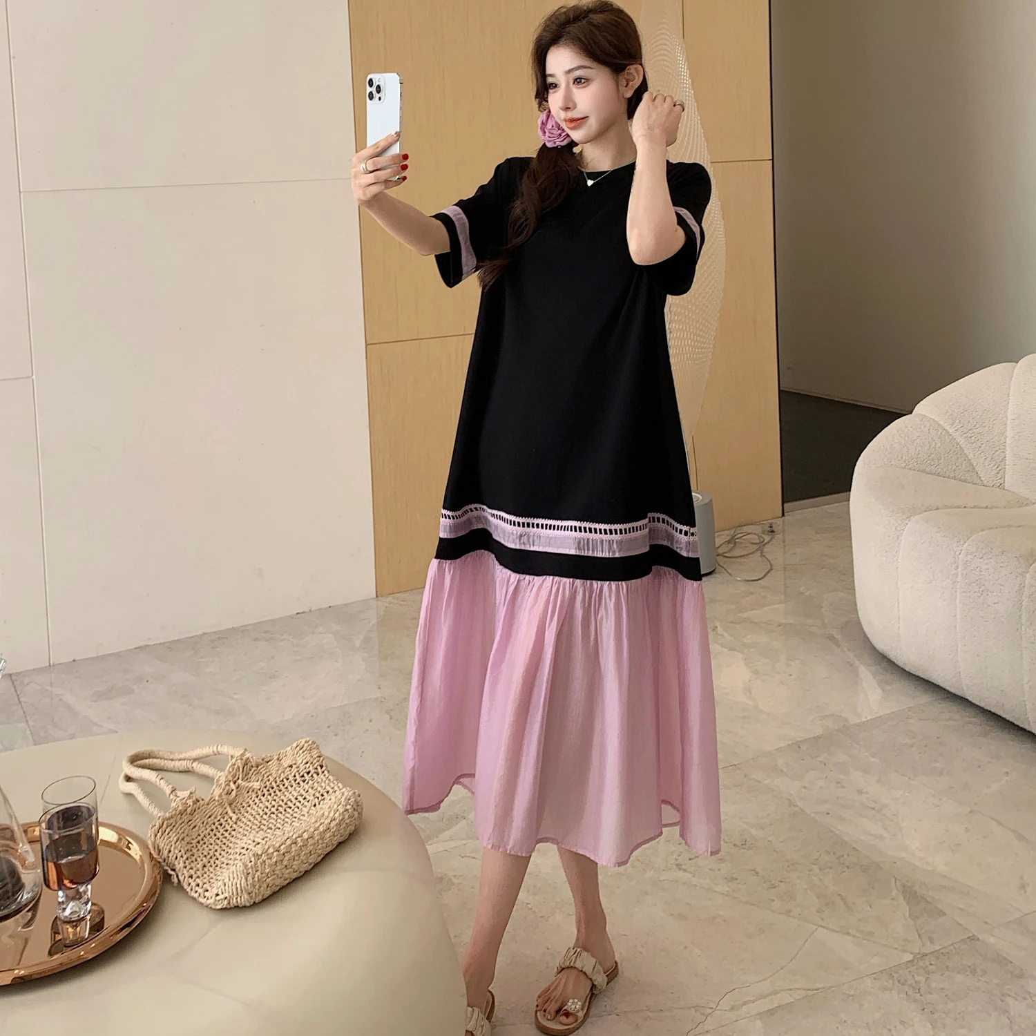 Coréen Sle grande taille Dr femmes été 2025 nouveau faux deux pièces Fi queue épissure minceur ample Midi t-shirt Dr