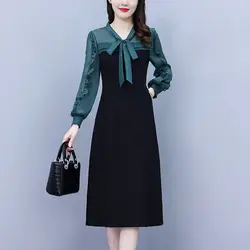 Fashion Lace Up Bow Lace Ruffles Fake Two Pieces Party Dress Women's Clothing Autumn New Loose Office Lady Midi Dress