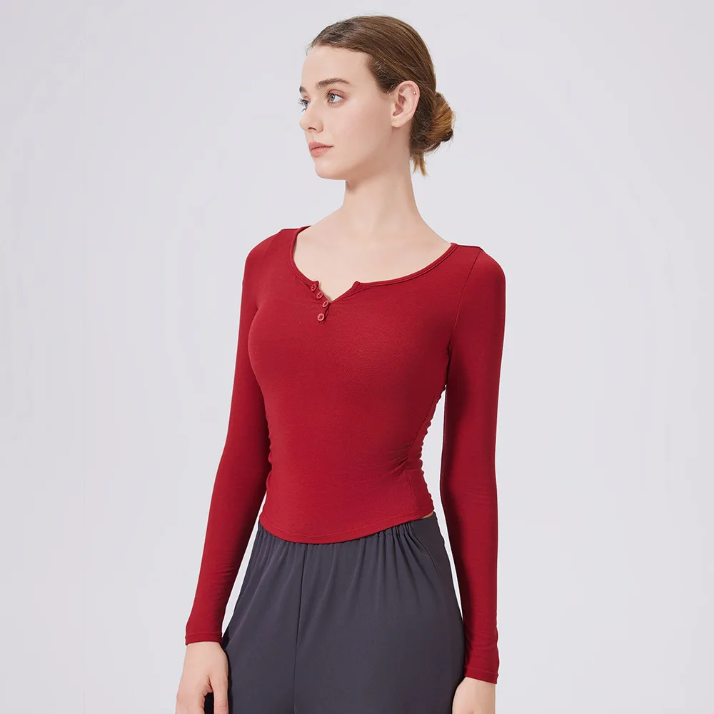 

Womens Yoga Shirt Long Sleeve V Neck Slim Fit Pleated Hem Breathable Fitness Top for Gym Running Sportswear