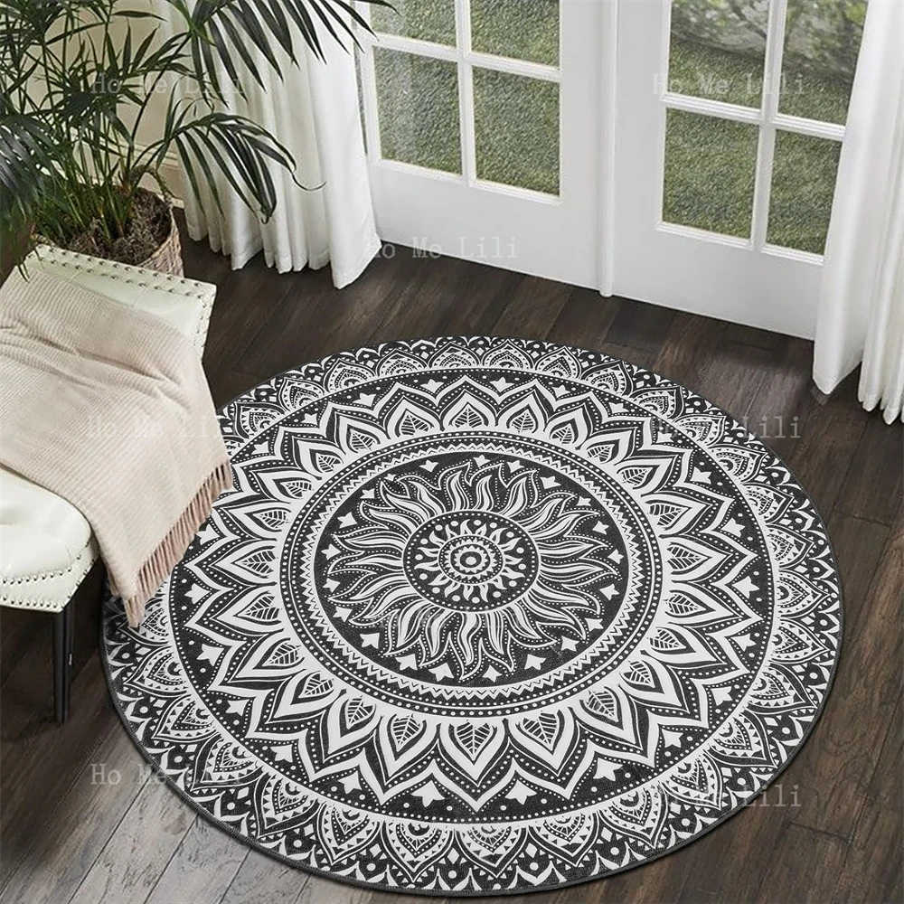 Mandala Round Carpet Modern Flannel Washable Round Mat Non-Slip Interior Bohemian Grey Office Rug