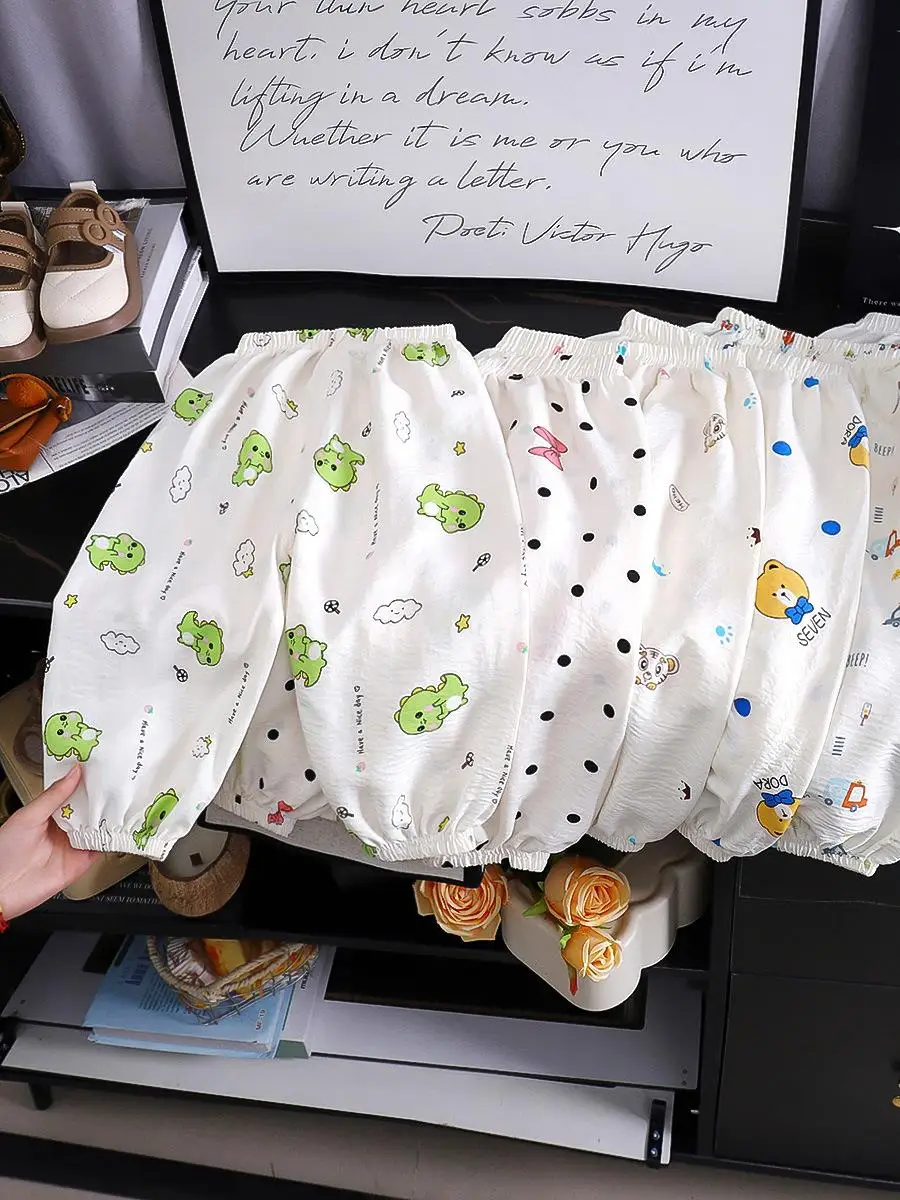 Mosquito-Resistant Summer Pants for Babies Boys Girls Loose Lantern Thin Style Casual Loose Cuffed Nine-Piece Pants
