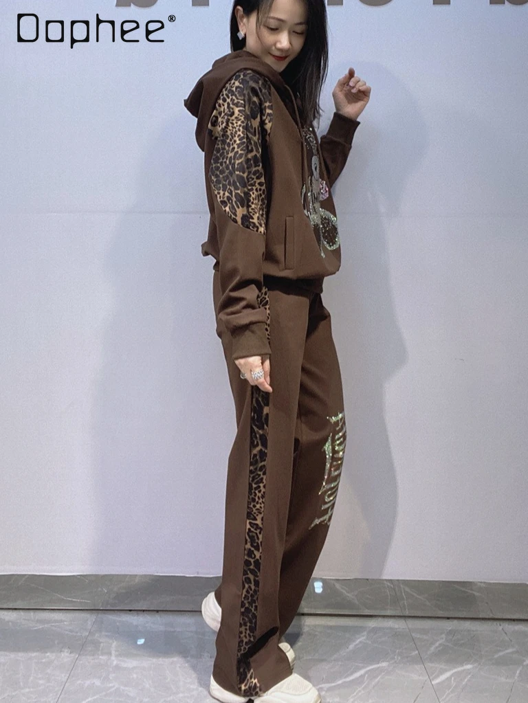 

European Style Women's Leopard Print Patchwork Rhinestone Long Sleeve Hoodie + Pants Set 2026 New Spring Autumn Pant Sets