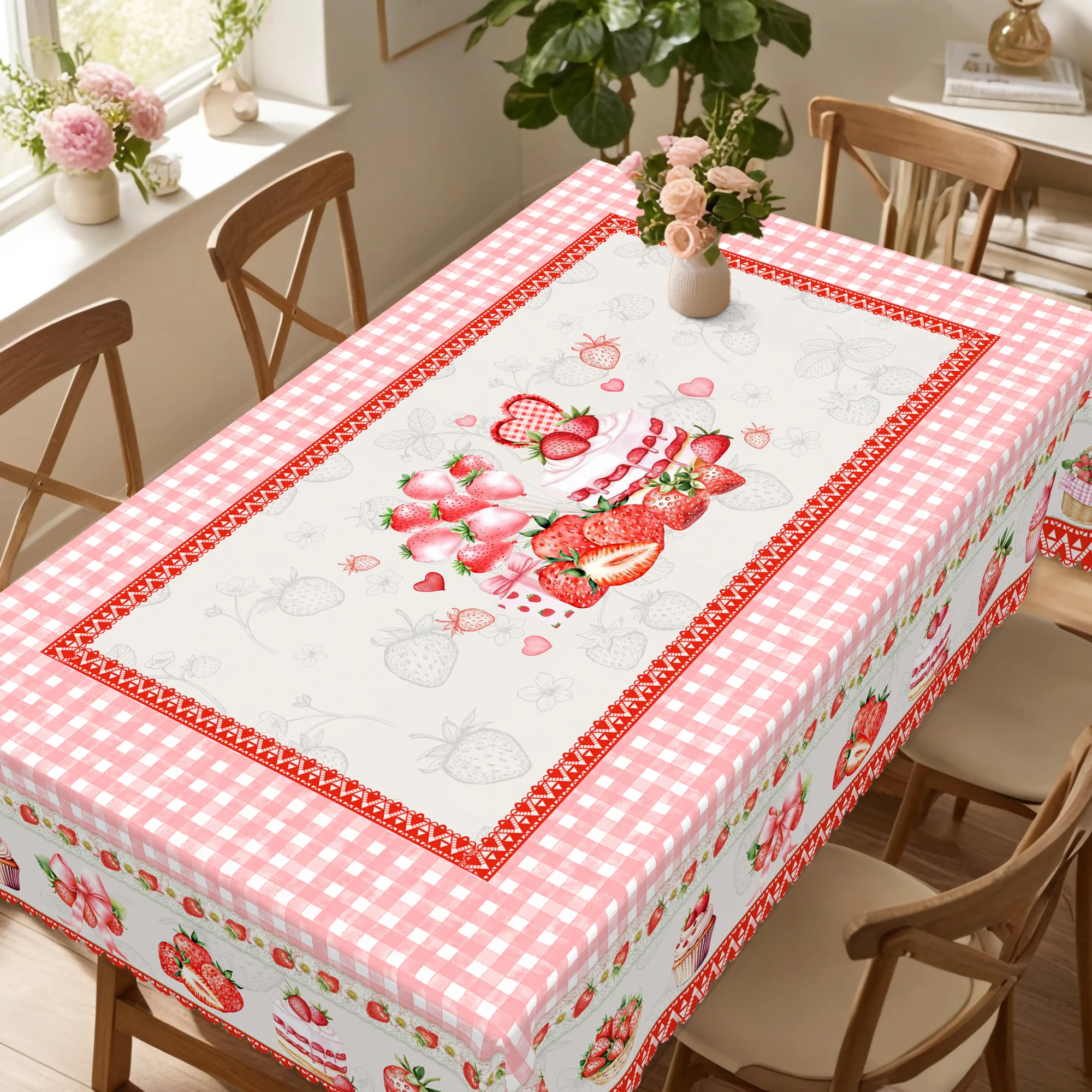 1 Piece Summer Fresh Strawberry Print Round Tablecloth, Pink Plaid, Cake Pattern Rectangular Tablecloth, Party Tablecloth, Home Table Decoration, Courtyard Table Decoration, Table Cover for Daily Home Kitchen, Restaurant Terrace Indoor and Outdoor Use
