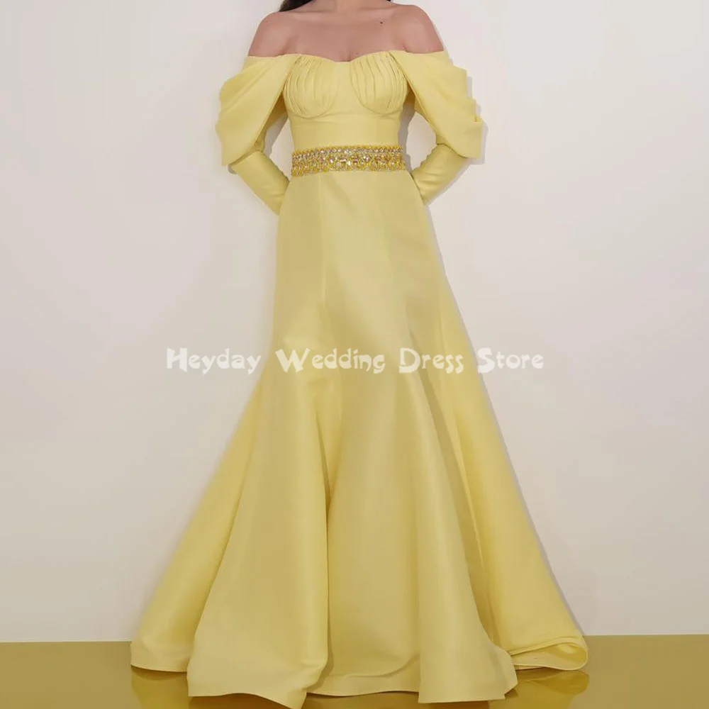 

Heyday Satin Off-the-shoulder Beaded Pleats A-Line Floor Length Evening Dresses With Long Sleeves Formal Elegant Dresses 2025