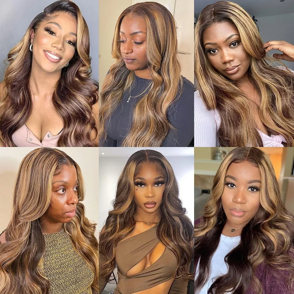 13x4 hd Highlight Ombre Body Wave Perücken Menschenhaar p4/27 blonde braune Perücke 13x6 Spitze Frontal Perücke 30 Zoll Perücken für Frauen zum Verkauf