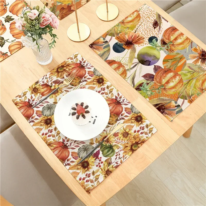 Happy Fall Sunflowers Pumpkins Dwarfs Maple Leaves Placemats For Dining Table Kitchen Linen 32x45cm