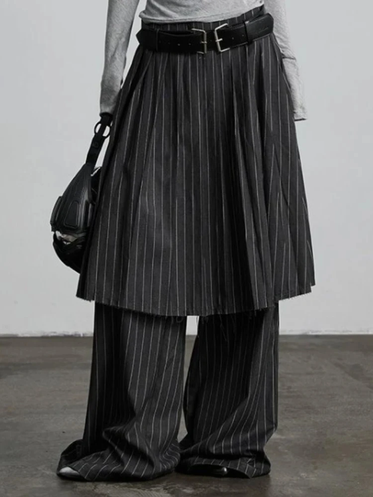 Gothic Harajuku Y2k Breite Bein Hosen Frauen 2025, Neue Vintage Gefälschte Zwei Pantalon Femme Hohe Taille Casual Gestreiften Gerade Hosen