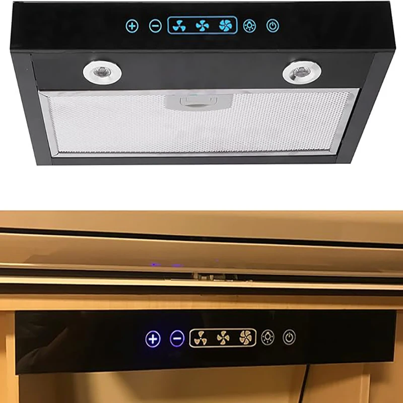 Deren Caravan Range Hood Ductless Range Vent พร้อมหน้าจอสัมผัสและไฟ LED คู่ 3 ความเร็วปรับสําหรับ RV Yacht Kit