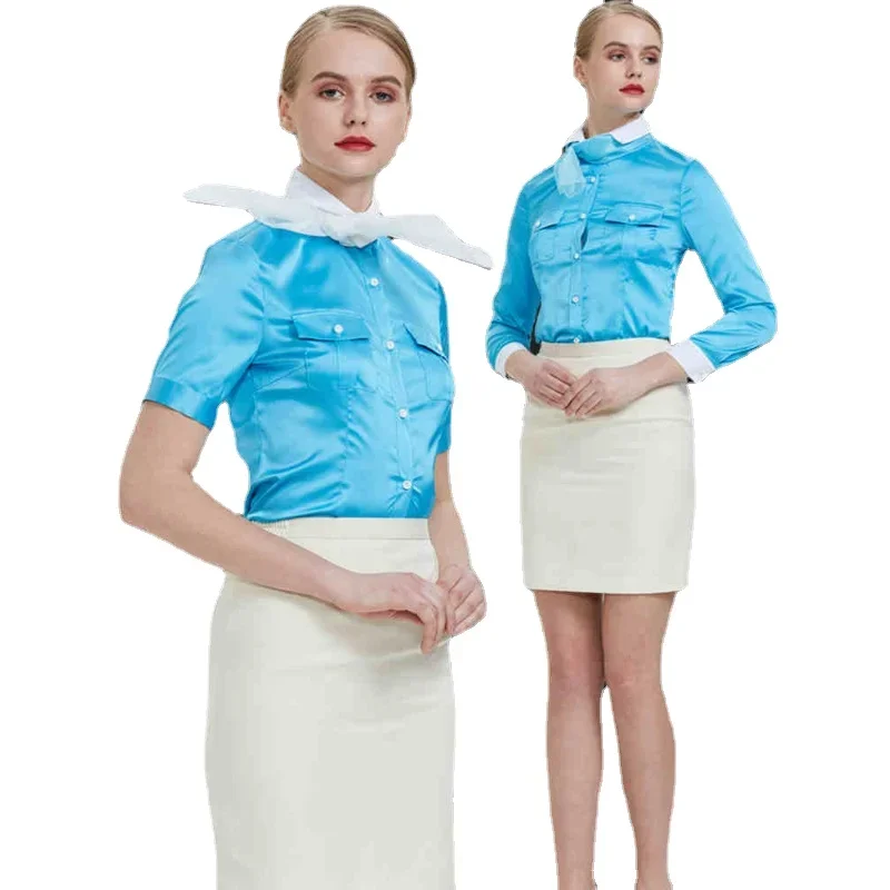 South Korean Women's Airline Aviation Stewardess Uniform Skirt Short Sleeve Shirt Glossy Blue Flight Attendant Work Clothes