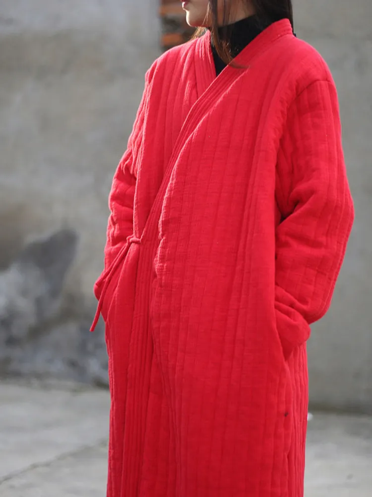 Therapeutic Warmth Thickened Cotton Kimono Set Women's Fashionable Zen Style White Healing Clothing Cotton Linen Jacket