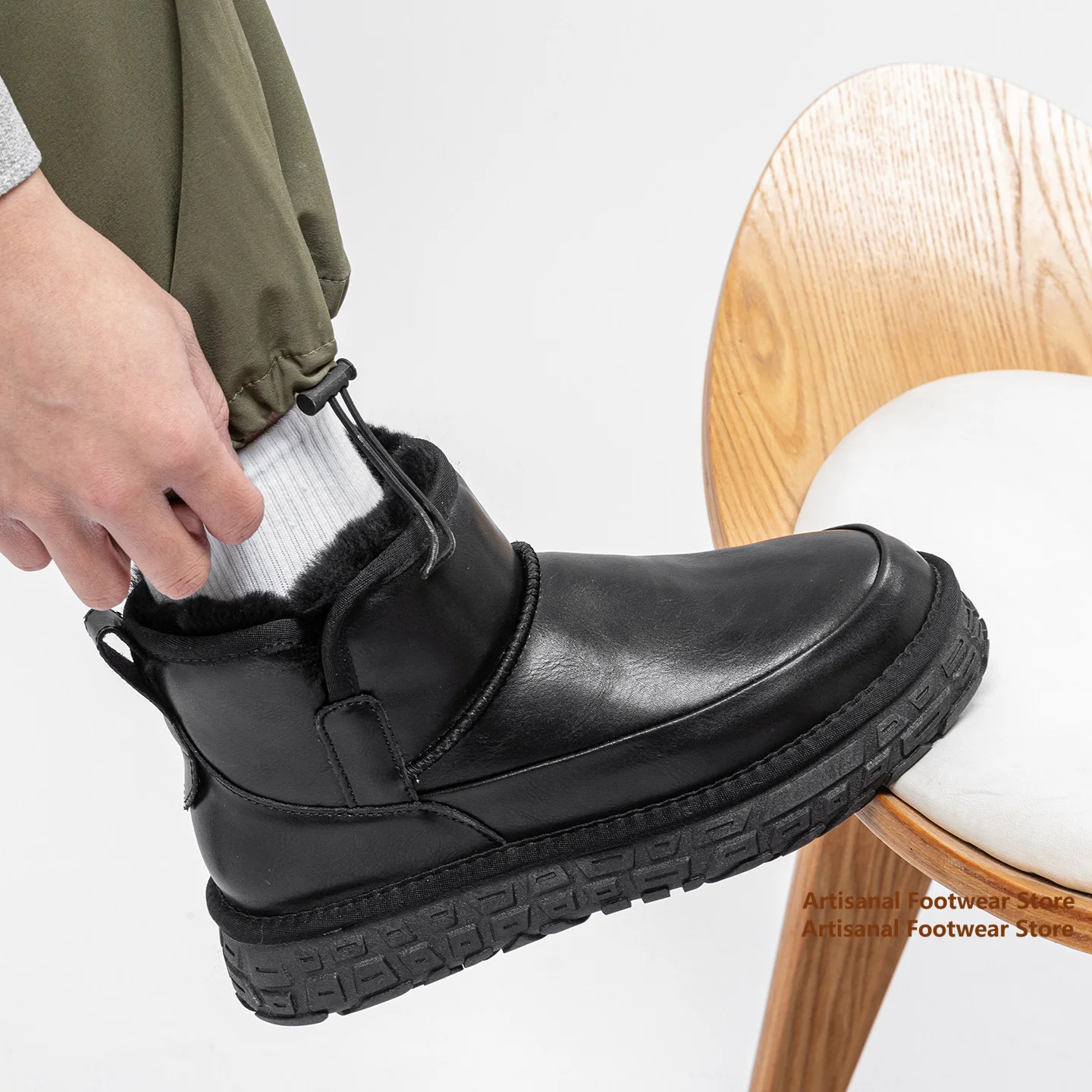 Men's Leather Winter Snow Boots Fully Fleece Lined Short Ankle Booties Tire-Pattern Chunky Non-Slip Trendy Winter Men's Boots