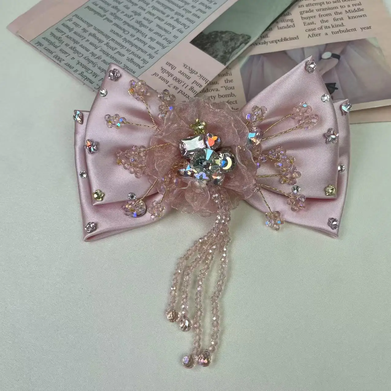 جديد الكورية نمط الأصلي مرصع بالماس سوبر الجنية الساتان طبقة مزدوجة شرابة القوس دبوس الشعر الربيع كليب #6