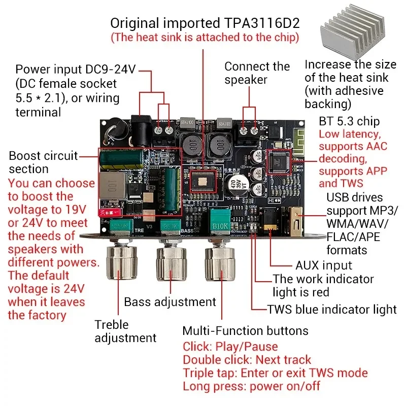 ZK-1001U 100W Mono Bluetooth Amplifier Board with Boost TPA3116D2 | AUX USB Input Bass/Treble Control TWS App Support