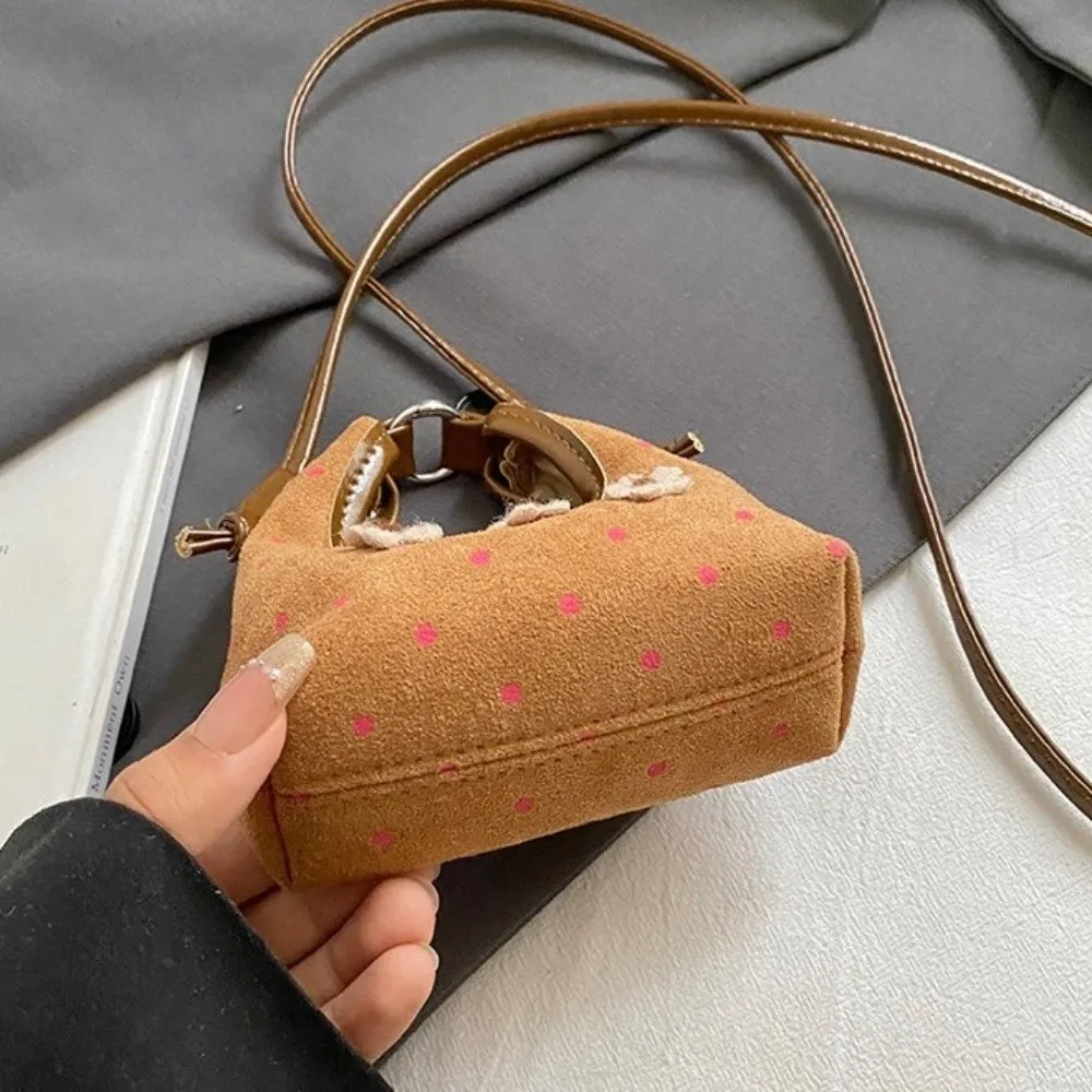 

Sweet Mini Long Belt Messenger Bag Cartoon Polka Dot Print Suede Crossbody Handbag Versatile Soft Flower Shoulder Bag Daily