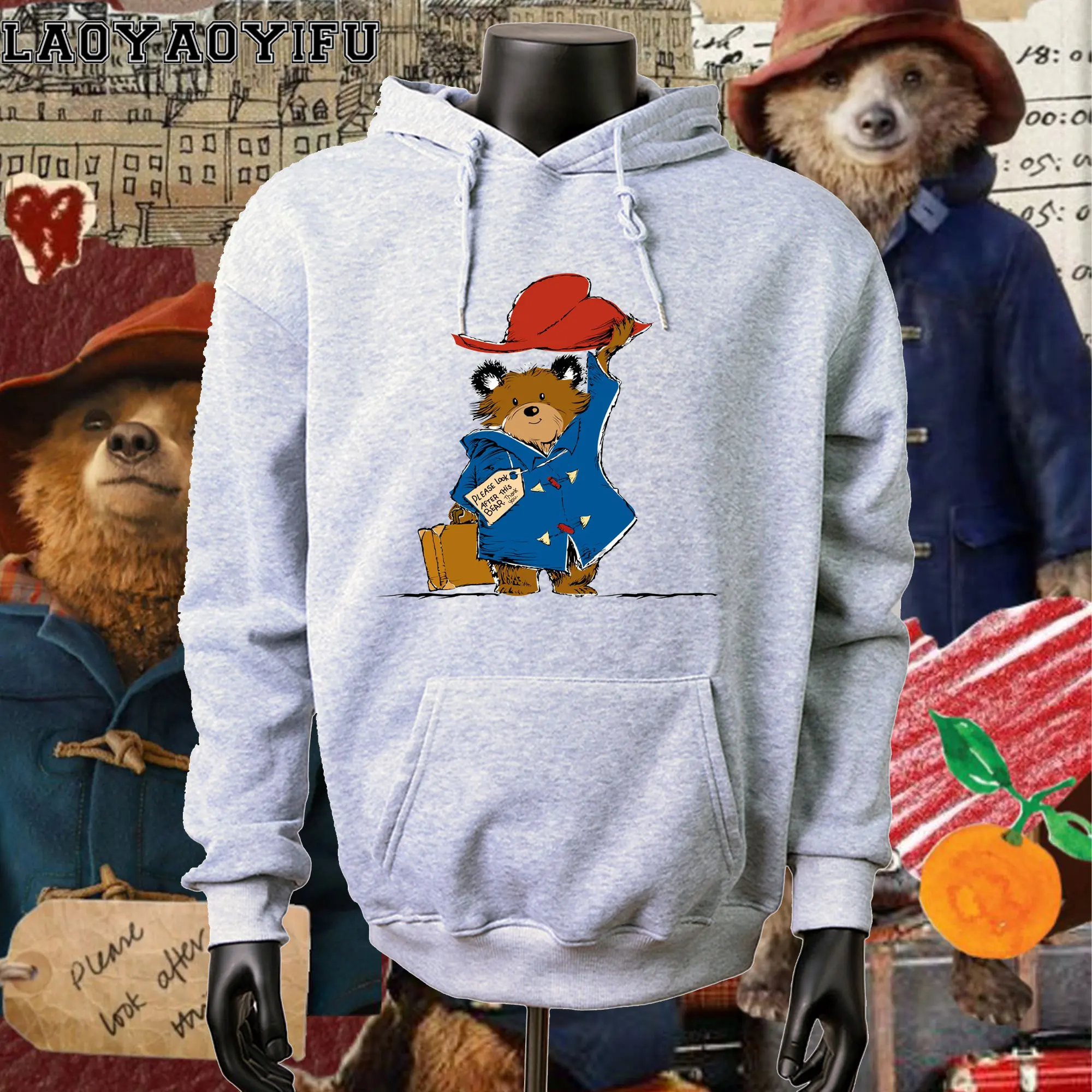 

Cartoon Paddington Bear London Printed Long-sleeve Hoodie for Women Casual Everyday Autumn/winter Season Hoodies Unisex Clothing
