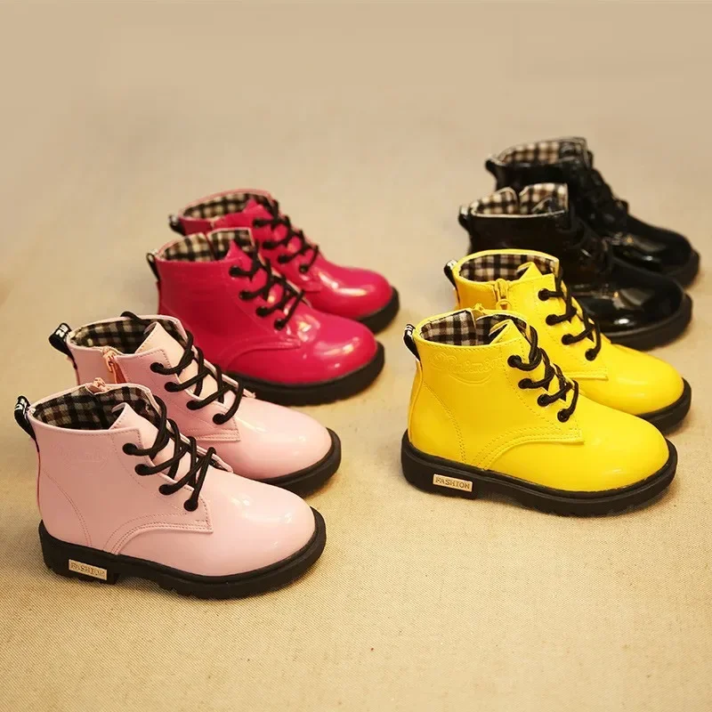 2024 Autumn and Winter New Children's Martin Boots Korean Style Patent Leather Boots Warm Shoes Snow Boots