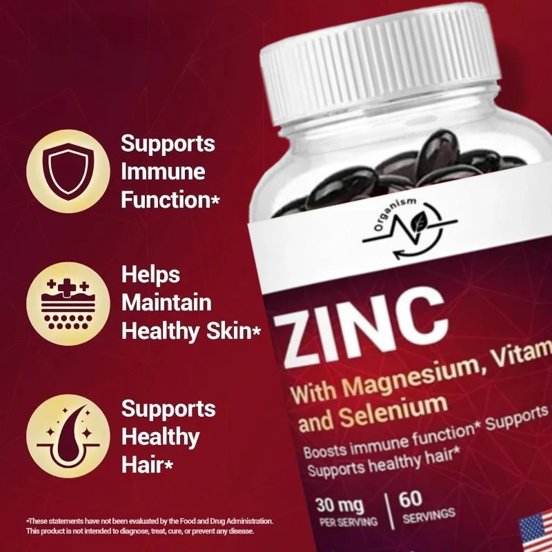 

Цинк 30 мг, насыщенный магнием, витамин D3, селен и медь — используется для иммунитета, кожи, волос и поддержки ногтей — 60 капсул